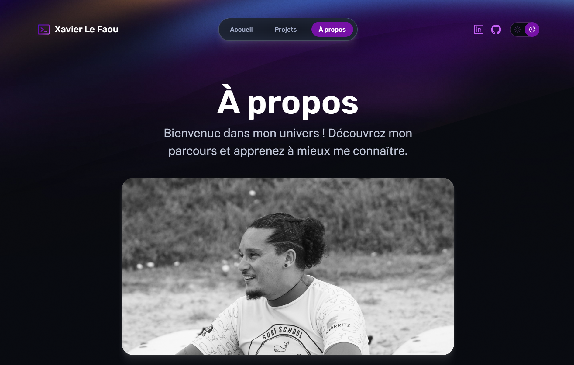 Interface utilisateur du portfolio de Xavier Le Faou montrant divers projets