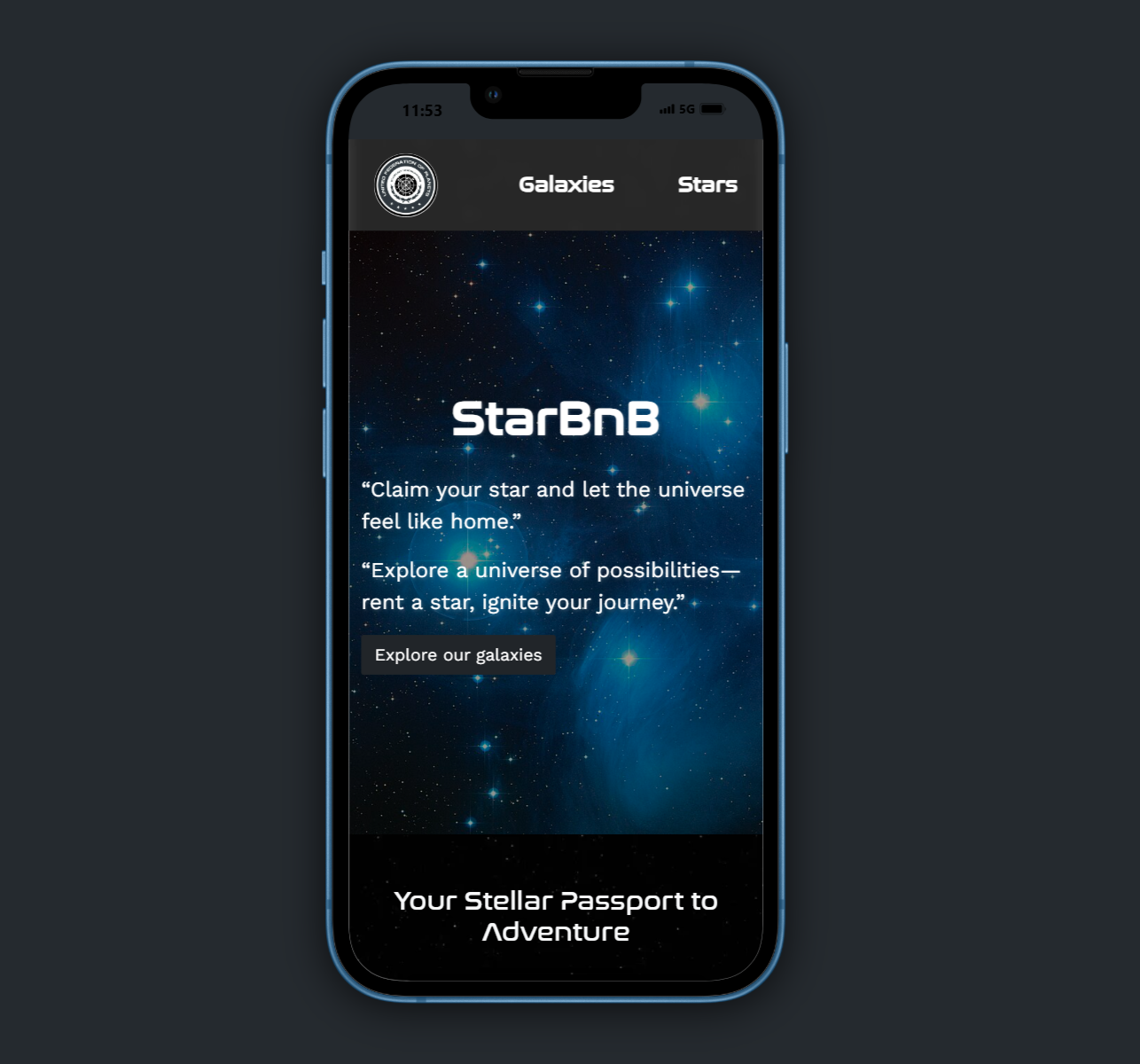 Interface utilisateur de l'application StarBnb montrant la page d'accueil